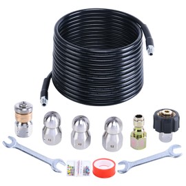 50FT Sewer Jetter Kit for Pressure Washer, 1/4 Inch NPT, 5800PSI Pressure Water Jet Drain Cleaner Hose, Orifice 4.0, 4.5, 5.5 Button Nose and Rotating Sewer Jetting Nozzle Spanner