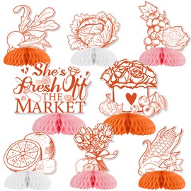 SHADOAMP Fresh Off The Market Bridal Shower Decorations, 8pcs She’s Off The Market Bridal Shower Honeycomb Centerpieces Double-sided Printed Orange Table Decorations for Women Engagement Bachelorette