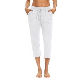 LEXISLOVE Capris for Women Casual Summer Wide Leg Crop Pants Loose Comfy Drawstring Yoga Jogger Capri Pants with Pockets White XL