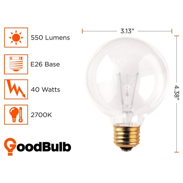 GoodBulb 40-Watt Incandescent G25 Globe Light Bulbs | Shatter Shield Coating | Semi-Transparent Finish Medium E26 Base 2700K Warm White Light Color | Dimmable 550 Lumens | Pack of 10 Bulbs