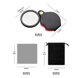 5x Magnifying Glass, 1 Wiping Cloth and 1 Storage Bag, Mini Pocket Magnifier, Rotating and Folding Magnifier with Protective Leather Case, Suitable for Reading, Hobbies
