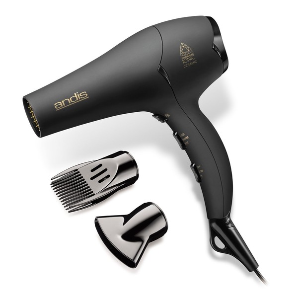 Andis 80480 1875-Watt Tourmaline Ceramic Ionic Salon Hair Dryer with Diffuser, Fast Dry Low Noise Blow Dryer, Travel Hairdryer for Normal & Curly Hair, Soft Grip, Black