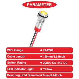 MKBKLLJY 10Pcs 6mm DC 12-24V 1A Red LED Metal Indicator Light Waterproof Signal Lamp with 150mm Cable Length Metal LED Indicator Light and Wiring Cap for Car interior Trucks Boats Engine taillight