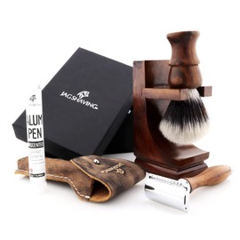 Jag Shaving Shaving Set – Sustainable 4-Piece Wooden Shaving Set – Synthetic Silver Tip Hair Shaving Brush – Double Edge Razor Blades Safety Razor – Razor Stand – Leather Case for Safety Razor