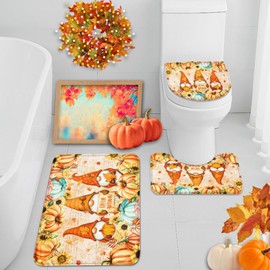 Arttown Fall Gnomes Pumpkin Bathroom Rug Set of 3,Autumn Sunflower Orange Thanksgiving 3 Pieces Bath Mats Set, No Silp Washable Cover Floor Rug Decorations for Kitchen Bathroom