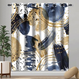 Abstract Blue Gold Blackout Curtain, Boho Aesthetic Modern Window Curtains Living Room Bedroom Decor Thermal Curtain Darkening Grommet Window Drapes Treatments, 2 Panels 52x63 Inch