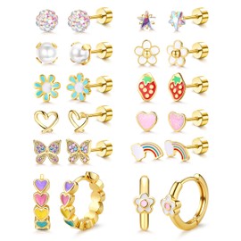MILACOLATO 14K Gold Plated Hypoallergenic Earrings for Women Surgical Steel Flat Back Earrings for Sensitive Ears Cute Daisy Small Hoop Earring Flower Strawberry Butterfly Heart Screw Back Stud Sets