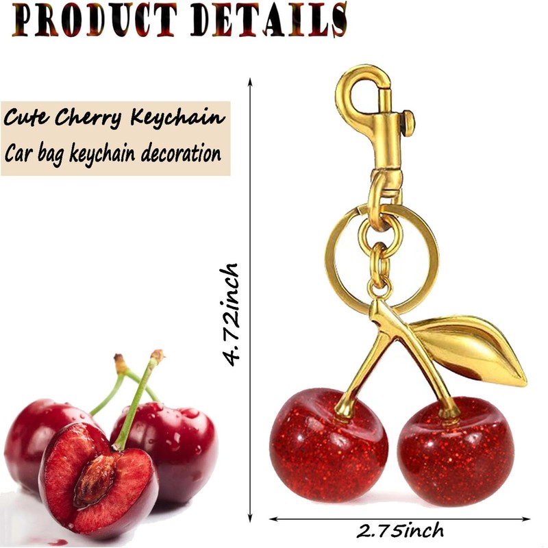 ZHLZTYYL 1 pcs Cherry Keychain,Glitter Cherry Bag Charm with Key