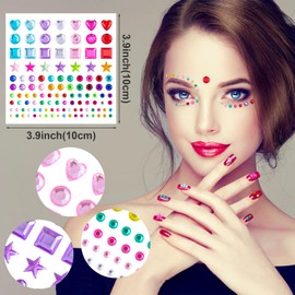 PAGOW 4 Sheets Adhesive Face Gems Stickers, Rhinestones Acrylic Face Jewelry, Pearl Hair Gems Stick on, Festival Accessories for Make Up, Hair, Face, Crafts (Heart, Round, Star, Square, Crystals)