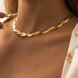 Wendalern Gold Snake Chain Necklace Double Layer Twist Herringbone Choker Necklace Flat Herringbone Chain Necklace Layered Knot Snake Chain Collar Necklace Jewelry for Women Girls