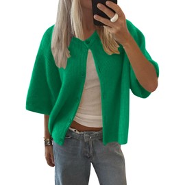 LOMON Womens Spring Summer Short Sleeve Cardigan Sweaters Trendy Crew Neck Button Down Lightweight Knit Outfit Y2k Clothes (Green, M)