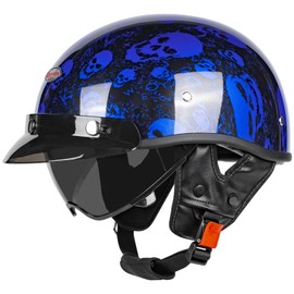 Quickool Retro Motorcycle Half Helmet with Retractable Sun Visor, DOT Certified Vintage Open Face Helmets for Men & Women for Cruiser Chopper Moped Scooter (Blue Skull,L)