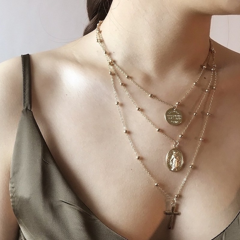 Tiande Multilayer Necklace, Silver Cross Virgin Mary Pendant Chain Necklace