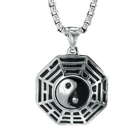 bahamut Taiji Yin-Yang Pendant Necklace, Oriental Chinese Feng Shui Lucky Amulet, Stainless Steel Jewelry for Men (Silver Bagua)