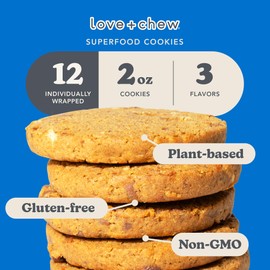 Love + Chew Soft Baked Vegan Cookies, Gluten Free, 7-10g Plant Based Protein Per Cookie, Healthy Snacks, Individually Wrapped Chocolate Cookies, Chocolate Lover Variety Pack, 12 Pack