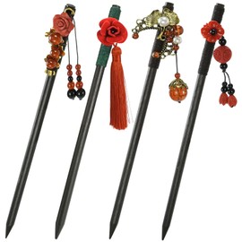 Set of 4 wooden hair pins, Chinese Japanese hair sticks, vintage flower hair sticks