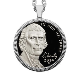 US 2014 Jefferson Nickel 5 Cents Gem BU Uncirculated Proof Coin 925 Sterling Silver Necklace New