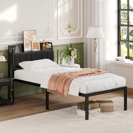 Lutown-Teen 16 Inch Twin XL Bed Frames with Storage Headboard, Modern Design Metal XL Twin Bed Frame No Box Spring Needed, Easy Assembly, Black