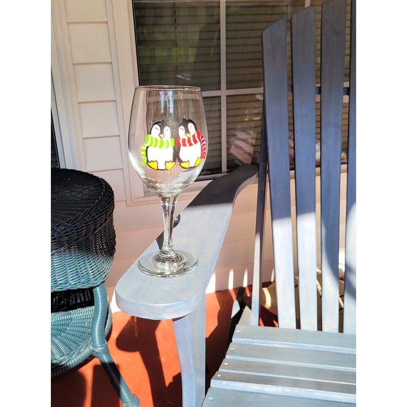 Cute Winter Penguin Couple Hand Painted Stemmed Wine Glasses Set