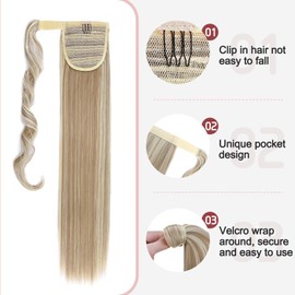 Wrap Around Ponytail Extension Wrap Pony Tail Hair Extension One Piece Long Straight Clip In On Ponytail Hairpiece Wavy Synthetic Magic Paste Soft Silky (23"Straight,Sandy Blonde Mix Bleach Blonde)