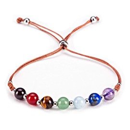 Cherry Tree Collection Natural Gemstone Chakra Bracelet | Adjustable Size Nylon Cord | 6mm Beads, Silver Spacers | 5.0-6.5" (Brown-Small)