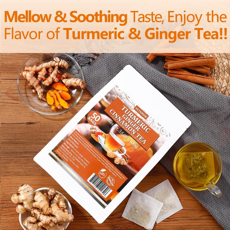 50 Premium Turmeric, Ginger, Cinnamon Blend Tea Bags, 100% Natural