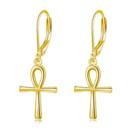 POPLYKE Gold Plated Egyptian Ankh Earrings for Women Sterling Silver Cross Earrings Dangle Christmas