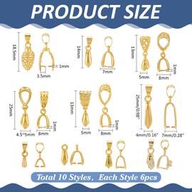 CRAFTYMELODY 60Pcs Pinch Bail Clip Clasp 10 Style Brass Snap on Bail Bead Pendant Connector Dangle Charm Jewelry Finding for Necklace Bracelets Jewelry Making Accessory Supplies DIY Craft Gold Silver