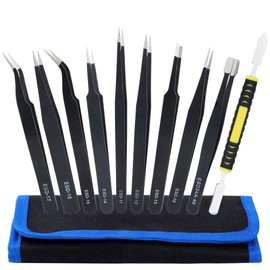 Anti-Static Tweezers ESD Pack of 10 Precision Tweezers Sets with Tips, Curved Tips, Flat Head for Electronic Repairs Computer Precision Work