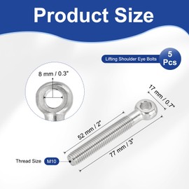 PATIKIL M10x77mm Lifting Shoulder Eye Bolts, 5 Pcs Machinery Shoulder Lifting Screw Bolt 304 Stainless Steel Threaded Screw Eyebolt for Lifting Hanging Valves Fasteners, Silver