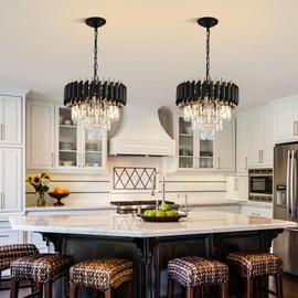 AKMNBDH Modern Black and Gold Crystal Chandelier Luxury K9 Crystal Chandelier Round Flush Mount Chandeliers Ideal for Bedroom Living Room Dining Room Kitchen Foyer W40cm 3 Tiers 5 E12 Base