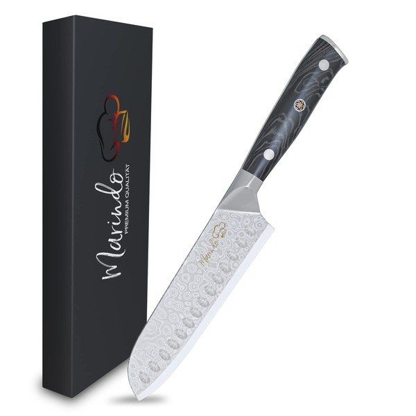 Marindo® Santoku Damascus Knife Made of Damascus Steel 7 Inch Blade | Japanese Damask Kitchen Knife with Scalloped Edge & Sturdy Wooden Handle | Santoku Knife Damask with Gift Box