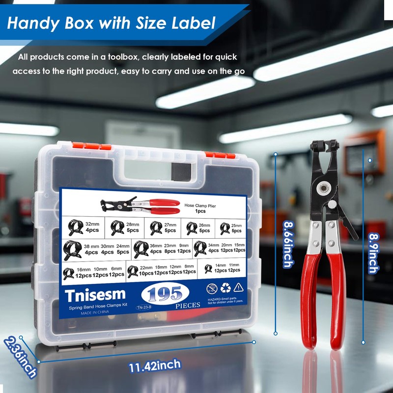 Tnisesm 195Pcs 6-38mm Spring Band Hose Clamps Assortment kits with