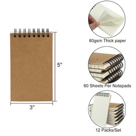 Aacehlh 12 Pack Pocket Notebooks, 3x5 Small Notepads, Mini Spiral Notebooks, 60 Sheets/120 Pages,Lined College Ruled Paper, Memo Pads for Home, Office, School or Travel (Kraft)