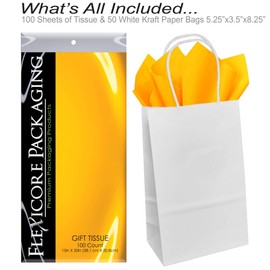 Flexicore Packaging White Kraft Paper Gift Bags & Goldenrod Yellow Gift Wrap Tissue Paper Size: 5.25 Inch X 3.5 Inch X 8.5 Inch | Count: 50 Bags | Color: Goldenrod