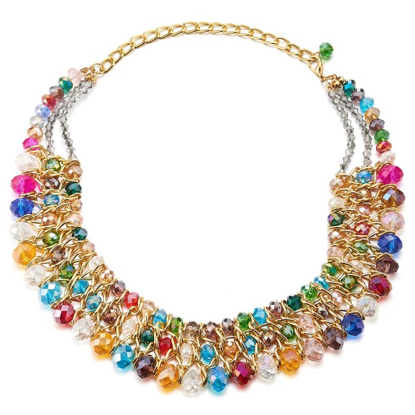 COOLSTEELANDBEYOND Statement Choker Pendant Faceted Crystal Beads Bead Cord Gold