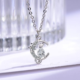 3D Crystal Cat Necklace for Women Girls, S925 Sterling Silver Cat Moon Necklace Power Necklace Silver Necklace for Women Moon Necklace Cat Gifts for Women Cat Lovers