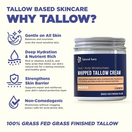 Natural Aura Whipped Beef Tallow for Skin - Face + Body Moisturizer, 100% Grass Fed Grass Finished Tallow and Honey Balm for Sensitive Skin, Eczema, Rosacea - 4oz, (Unscented)