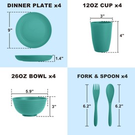 Perlapoc Wheat Straw Dinnerware Sets for 4, 20 PCS Unbreakable Lightweight Kids Plates and Bowls Sets, Dishwasher Microwave Safe Dinnerware Set, Perfect for Kitchen Dorm Camping Outdoor - Green