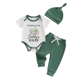 Newborn Baby Boy Clothes Short Sleeve Letters Tractor Print Romper Pants with Hat Coming Home Outfit Newborn Photography Outfits (A-Green,0-3 Months)