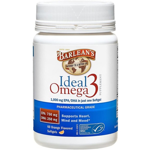 Barlean's Organic Oils Ideal Omega-3 Nutritional Supplement Softgel, 1000mg EPA/DHA, Orange Flavor, 60 Count