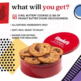 David's Cookies Peanut Butter Chunk Fresh-Baked Decadent Cookie Gift Basket Tin — Luscious Large Peanut Butter Cookies With No Added Preservatives — All-Natural Cookies — Ideal Gift for Corporate Birthday Fathers Mothers Day Get Well and Other Special Occasions - 2 lb (8 Cookies)