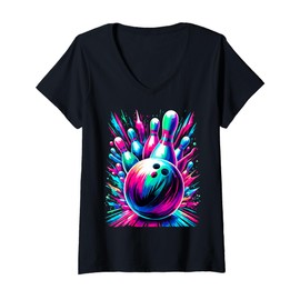 Womens Colorful Bowling Cute Colorsplash Ball V-Neck T-Shirt