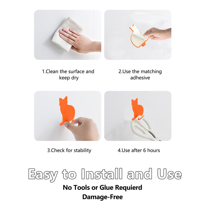 DueHoppee Adhesive Wall Hooks Cat Shaped - 8 Pack Stainless