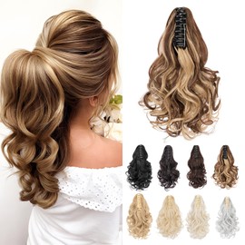 Ponytail Extension, MY-LADY Claw Clip in Ponytail Hair Extensions 14 Inch Short Curly Ponytail Natural Wavy Synthetic Hairpiece for Women,Chocelate Brown mix Ash Blonde