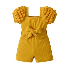Infant Little Baby Girl Summer One-Piece Romper Clothes Outfits Set Toddler Solid Color Neck Puff Sleeve Waist Jumpsuit Kids 9-12 Months Yellow