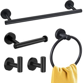 JUSTHERE 5Pcs Matte Black Bathroom Hardware Set, Towel Bar TP Holder Ring Hook Racks