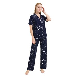 WiWi Womens Viscose from Bamboo Pajamas Set Short Sleeve Tops with Pants Pjs Notch Collar Sleepwear Button Down Pj Sets S-XXL, Navy Stars, X-Large