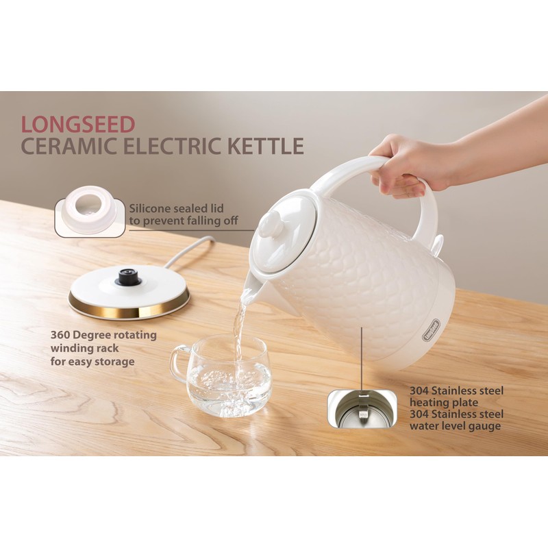 LONGSEED Ceramic Electric Kettle, 1.5L/1200W Boil Water Quickly and Easily