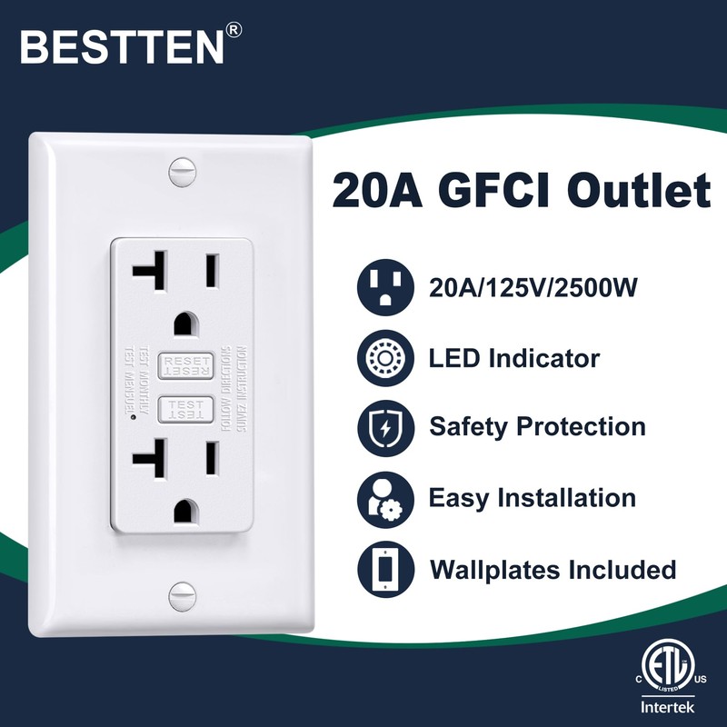 BESTTEN 20 Amp GFCI Outlet with Thinner Design, GFI Electrical